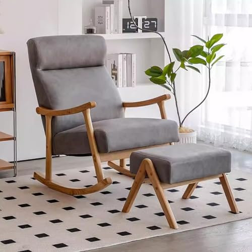 YCKEGEW Schaukelstuhl Mit Ottomane Kinderzimmer-Schaukelstuhl Hochlehniger Sessel Massivholz Mid-Century Glider Rocker Mit Gepolstertem Stoffsitz,Moderner Wohnzimmersessel (Color : Gray A)