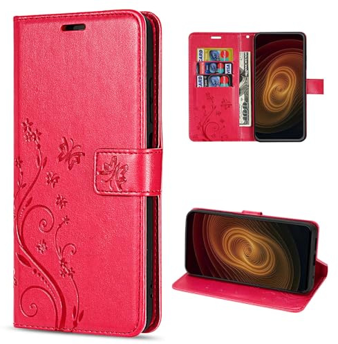 betterfon Hülle Kompatibel mit ZTE Blade A53 / A53+ | Premium PU Leder Handyhülle Wallet Case für Blade A53 / A53+ | Schutzhülle Blumen Klapphülle Handyhülle | Rot