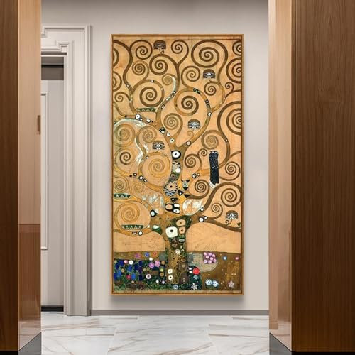 KADING Goldenes Gemälde von Gustav Klimt auf Leinwand, Retro-Klassiker, Wandkunst, Bilder für Wohnzimmer, Heimdekoration, große Leinwand-Wandkunst, 50x95 cm, mit goldenem Rahmen