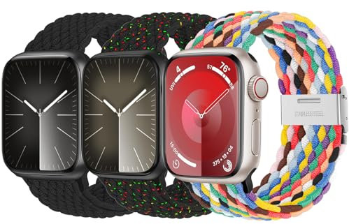 3 Pack Braided Watch Strap for Apple Watch 41mm 40mm 38mm Stretchable Elastic Sport Replacement Strap for Iwatch SE 2 SE Series 9/8/7/6/5/4/3 Band - Black/Black unity/Pride edition