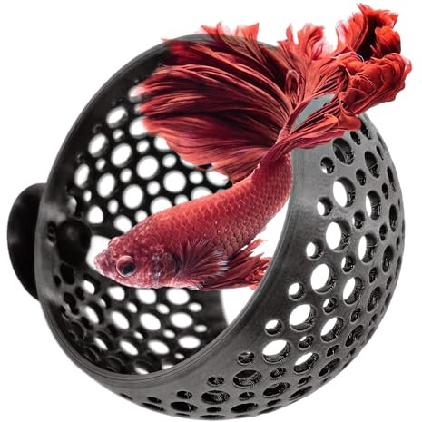 byMazy Cave Lounge, Hideout Fish Tank Ornament with Suction Cup for Betta, Fish and Shrimp to Swim-Through, Hide, Rest - Aquarium Decoration with Plant Holder (Black, Medium)