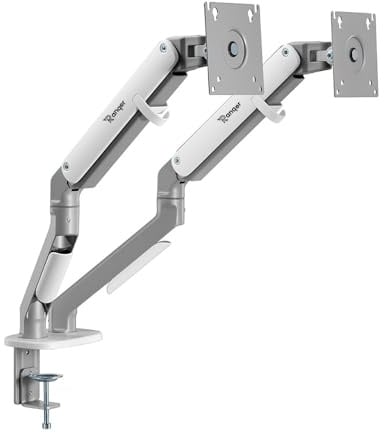 Ranqer Monitorhalterung für 2 Monitore, 17-35 Zoll Bildschirme, VESA 75 & 100 mm, Höhenverstellbar, 360° Rotation, Schwenk- und Neigbar, bis 9kg pro Arm, Kabelmanagement, Weiß