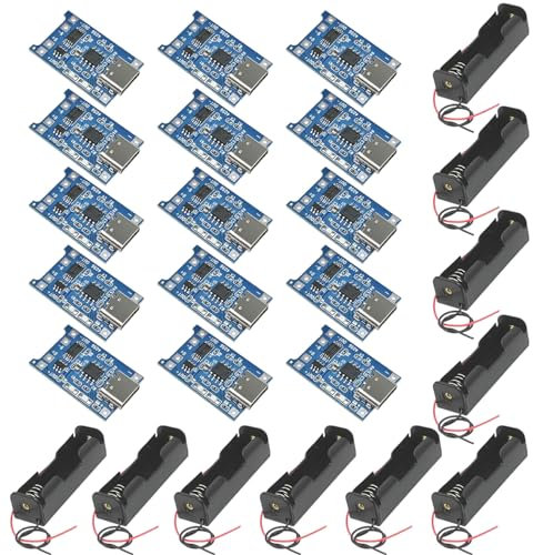 GTIWUNG 10 Pezzi Porta Batterie 18650, 1 × 3.7V 18650 Custodia per Batterie in Plastica con 1 Slot, 18650 Battery Clip Holder Case + 15 Pezzi Type-C USB 5V 1A 18650 Lithium Battery Charger Module