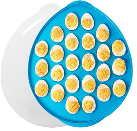 KOLORAE Reusable Deviled Egg Tray Carrier Serving Platter with Lid, Holds 2 Dozen Eggs, Great for Parties, Celebration Entertaining, Easter (Blue)