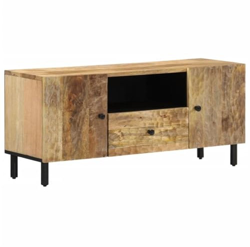 vidaXL Solid Mango Wood Retro TV Cabinet Stand - Brown Entertainment Centre Media Unit with Iron Legs, Spacious Storage, 105x33x46cm