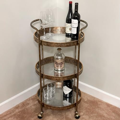Maison Des Cadeaux Vintage Rustic Gold 3 Tier Bar Wine Beer Drinks Serving Trolley Cart