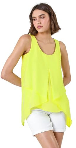 Roman Originals Women Sleeveless Floral Print Chiffon Top Vest Ladies Asymmetric Tropical Blouse Casual Flattering Overlay Light Long Summer Holiday Evening Special Occasion - Bright Yellow - Size 10