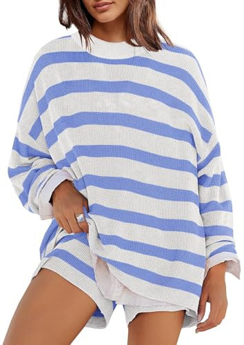 Panadila Womens Striped Sweater Set Oversized Lounge Sets Matching Pajamas Long Sleeve Sweater Top and Shorts, Light Blue Combo, M