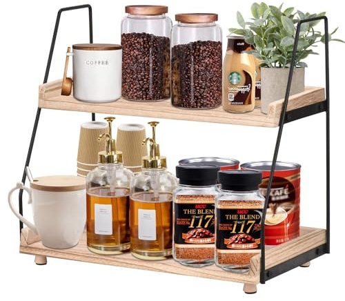 Wooden 2-Tier Coffee and Tea Station Organizer - Countertop Shelf for Kitchen, Home, Office - Caddy for Coffee Accessories Kitchen Countertop Organizer