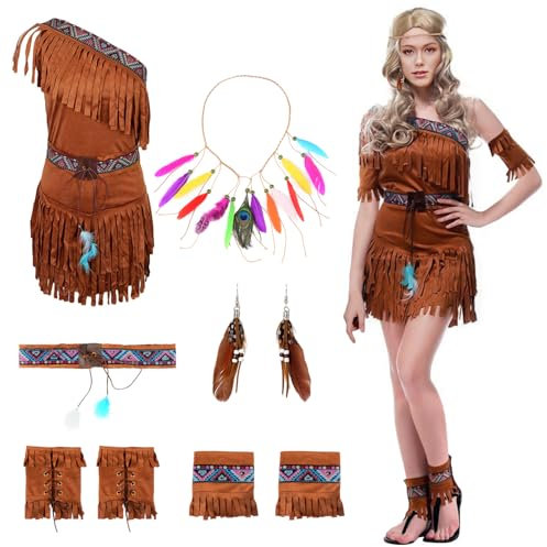 SIMSPEAR Indianer Kostüm Damen, Indianerkostüm für Karneval Fasching, Schönes Kleid mit Feder Stirnband, Ohrringe, Gürtel und Stiefelüberzüge, Handgelenkband, Karneval Kostüm Damen Indianerin