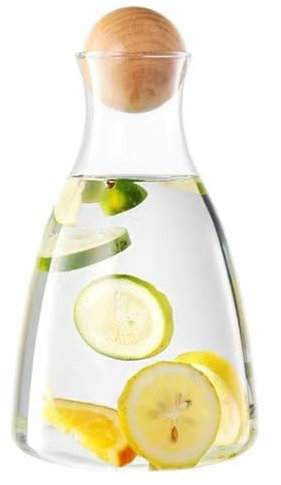 TAMUME Carafe en verre incurvée avec couvercle boule en bois – Idéal pour le service d'eau et de vin