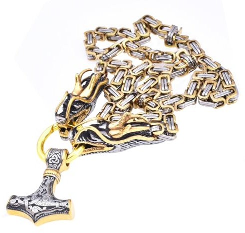 JHBTFQ Drachen Kette Herren mit Thor Hammer Mjölnir Drachenkopf Anhänger Edelstahl Schwer Punk Hip-Hop Wikinger Schmuck Geschenk 40/50/60/70/80/90cm Königskette,Gold silver,90cm