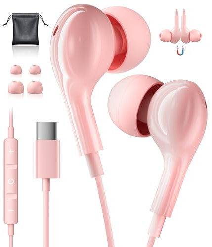 USB C Headphones for Samsung Galaxy S25 S24 S23 Ultra iPhone 15 Pink USB C Earphones Wired Headphone with Mic Type C Headphones for iPhone 16 Samsung S22 S24 FE A56 A55 A35 A16 iPad 10 iPad Pro 2024