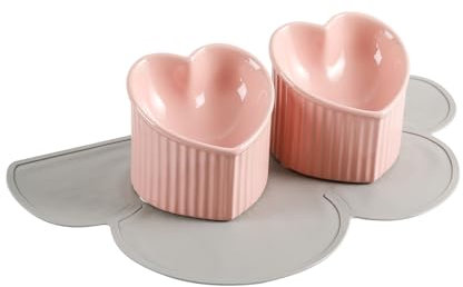 Katzennapf Set Futternapf Katze Erhöht - Geneigtes Katzen Napfset mit Antirutschmatte - Doppel Fressnapf Katze Keramik - Erhöhte Katzennäpfe gegen Erbrechen - Katzenfutter Schalen - Rosa & Rosa