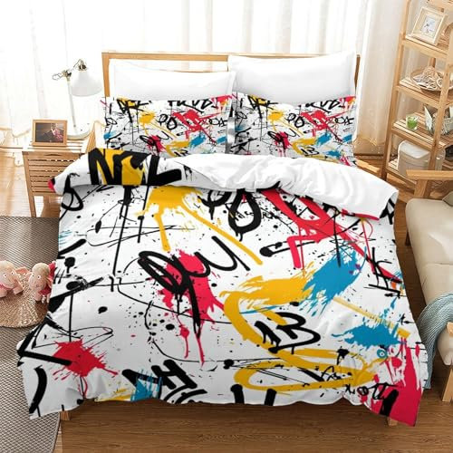 VUDBELAFC Graffiti Bettbezug Bettwäsche Kinderbettwäsche Reißverschluss Mit Kissenbezügen Betten Set Für Jugendliche Kinder Schlafzimmer Single(140x200cm)
