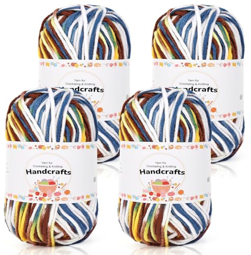 Aeelike 200g(4x50g) Farbverlaufsgarn Zum Stricken Weich, 5Ply Acrylwolle Baumwolle zum Häkeln und Kunsthandwerk, Bunt Häkelgarn Wolle Farbverlauf Set, Kaffee Gelb Blau