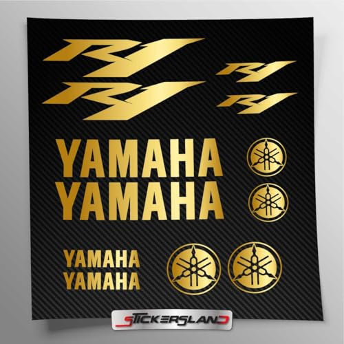 Kit adesivi compatibile con serbatoio e casco moto | Vinile Prespaziato FACILE APPLICAZIONE | scritte loghi | Stickersland® - R1 (Oro Metallizzato)