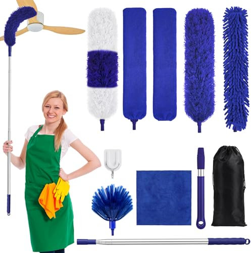Feather Duster,10 Pcs Reusable Bendable Microfiber Duster with Extension Pole 15-84 Inch,Cobweb Brush Extendable Long Duster for Cleaning High Ceilings and Fans, Furniture