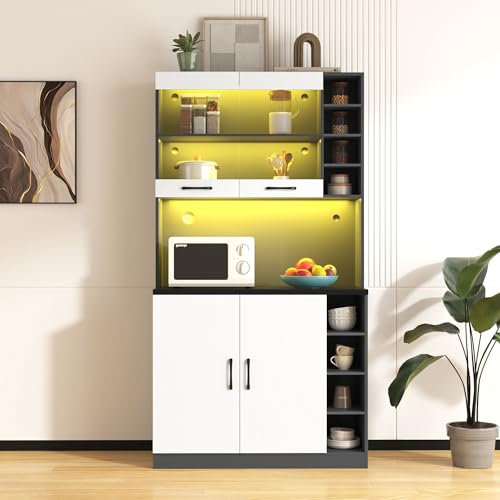KecDuey Hochschrank,Küchenschrank, 100x47x187cm Buffet mit LED-Ambiente-Beleuchtung und Kabellöchern, Küchen-Highboard aus Holz, großer Platz für Mikrowelle,Ablagefächer (Weiß+Grau)