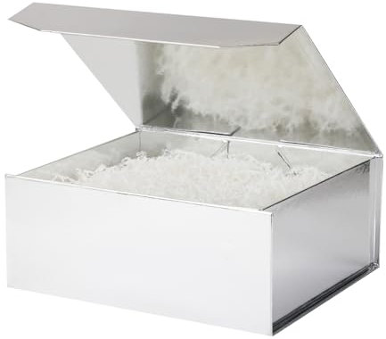 PACKGILO Silberne Geschenkbox, groß, 33 x 28 x 13 cm, groß, schwarz, große magnetische Geschenkbox mit Knisterpapier, silberfarbene große Geschenkbox mit geschreddertem Papier, Luxus-Geschenkboxen mit