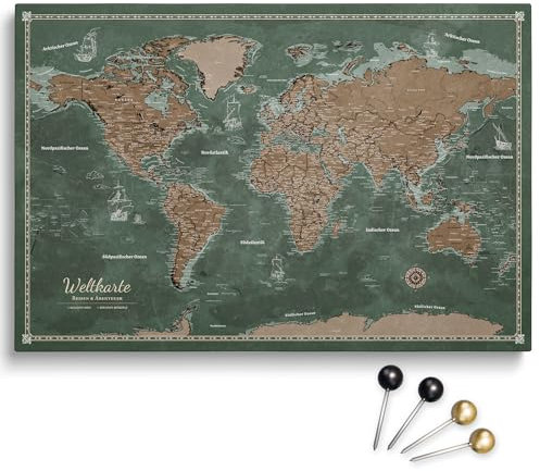 Personalisierbare Leinwand aus Weltkarte Motiv mit Rückwand-Pinnwand, perfekt für Reisende und als Wanddekoration, Dekorative Leinwandbilder, inkl. 100 Pins (Design 2, 120x80cm)