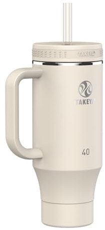 Takeya Straw Tumbler with Handle - For Coffee, Water & More - Durable with Built-In Silicone Coaster & 2 Straws - Double Stainless Steel Insulation - 40 oz, Oatmilk