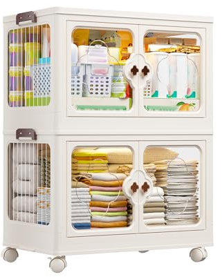 EnHomee Storage Boxes with Lids, Bathroom Storage Drawers, 2-Tier 80L 1 Lid Plastic Storage Drawers with Wheels, Stackable Storage Boxes, Storage Drawers, Kitchen Storage & Organisation for Bedroom