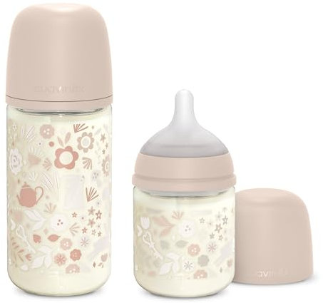 Suavinex, Pack Biberons en Verre, Biberons Anticoliques avec Tétine Symétrique SX Pro en Silicone, Biberon 120 ml à Débit Lent (S) + Biberon 240 ml à Débit Moyen (M), +0 Mois, Wonderland Rose