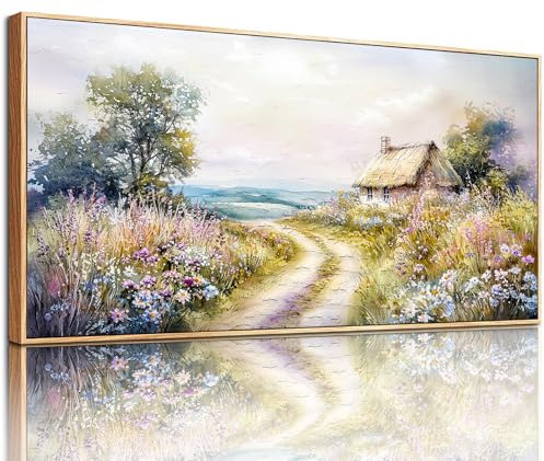 MHARTK66 Landweg Bilder Mit Rahmen Holz, Landschaft Leinwand Bild Aesthetic, 50x100 cm Groß Wandbilder Wohnzimmer, Modern Wanddeko Kunstdruck Schlafzimmer Esszimmer Flur Büro Küche Badezimmer