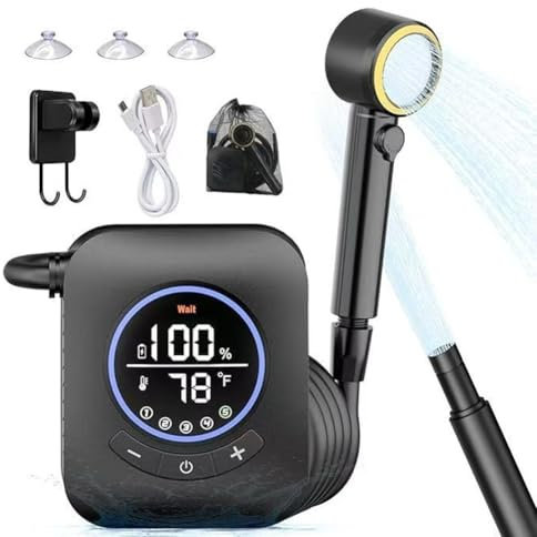 Doccia da campeggio portatile aggiornata, pompa elettrica per doccia con batteria ricaricabile da 8000 mAh, 4 modalità di spruzzo, display digitale per esterni, kit da bagno (8000 mAh, 5 marce)