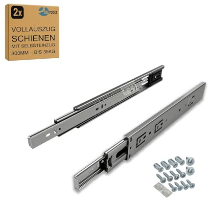 SOTOOLS 1 Paar Vollauszug Schubladenschienen 300 mm, max. 35 kg, verzinkt | Kugelvollauszug, 45 mm hoch, 12,7 mm breit, mit Selbsteinzug und Entriegelung, für Möbel und Werkstatt.