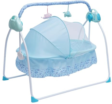 gucdaqc Electric Baby Crib 0-25kg Automatic Baby Bouncer Hub Swing With Bluetooth Newborns Rocker With 5 Swing Settings Electric Infant Cradle Foldable & Portable Dual Control For 0-18 Months (Blue)
