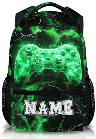 Gaming Backpack for Boys with Name – Personalised Game Controller Rucksack – 17 Inch Kids School Bag with Green Lightning Design – Custom Gift for Gamer Fans
