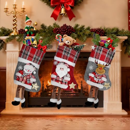 Koxtyzo 3er Set Nikolausstrumpf, Weihnachtsstrumpf, Nikolausstiefel zum Befüllen, Weihnachtssocken zum Aufhängen, Nikolaus Socken Weihnachtsdeko für Kamin, Weihnachtsbaum, Wand, Treppe