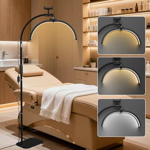 Half Moon Floor Light, LED Lash Light for Eyelash Extensions, Foldable Half Moon Lamp Floor Standing, Beauty Lamp with Phone Holder & 360° Rotating Head for Eyelash Tech, Tattoo, Nail Tech (Black)