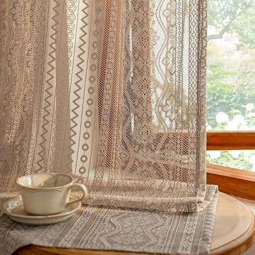 MYSKY HOME Spitzen Vorhänge Blumen Boho Vorhang Durchsichtig Stabtasche | Braun,2er Set,H245 x B140 cm,Landhaus Gardine,Vorhänge mit Floralem Webmuster,Gardinen Wohnzimmer