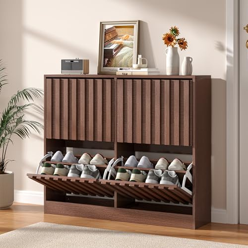 UEV Wide Shoe Cabinet with 4 Flip Drawers – Narrow Shoe Storage Unit for Entryway or Hallway, Modern Wood Slat Doors with Ventilated Design, Holds 16 Pairs, Walnut