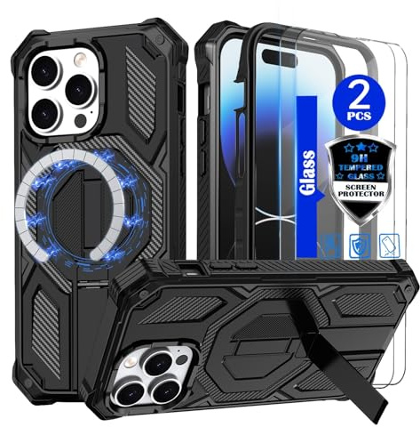 YmhxcY for iPhone 14 Pro Max Case，Compatible with MagSafe[With 2 pieces of tempered glass screen protector] With concealed metal bracket，Heavy-Duty Shockproof Rugged Case，6.7 inch(Black)