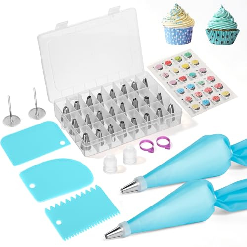 Romon Spritzbeutel mit Tüllen, Blau 35-teiliges Spritztüllen Set mit 2 Kupplung, Torten Zubehör mit 24 Spritztüllen, 3 Sahneabstreifer, 2 Wiederverwendbaren TPU Spritzbeuteln und Backzubehör