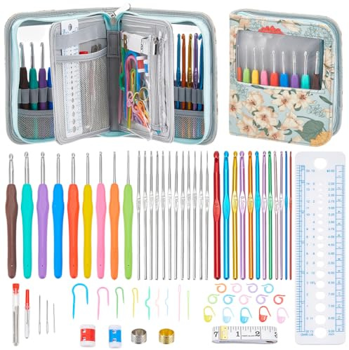 AHANDMAKER 103 Stück Häkelnadeln Set mit Häkeltasche Ergonomische Häkelnadeln DIY Hand Strick Kunst Werkzeuge Weben Garn Nadeln Kits für Anfänger und Experten Machen Tasche Handschuhe Socke