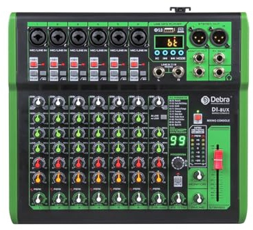 Mixer audio con Bluetooth, registrazione MP3 USB e 99 effetti DSP, console di mixaggio DJ con alimentazione phantom 48 V per registrazione PC, podcast, karaoke e live streaming (DI-8UX 8 canali)