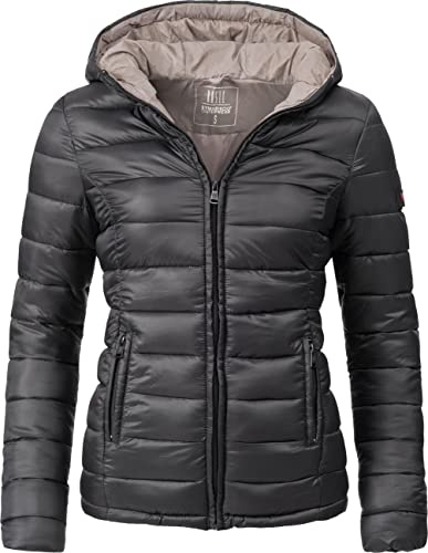 MARIKOO Damen Übergangsjacke leichte Steppjacke kurz mit Kapuze Lucy Schwarz Gr. XL
