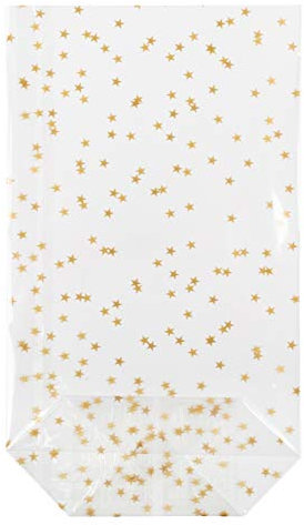 HEKU 1000er Packung Transparente Bodenbeutel mit goldenen Sternen 300x180x75mm I Stabiler Kreuzboden I Reißfestes Polypropylen Material I Ideal für Weihnachten & selbstgebackene Plätzchen