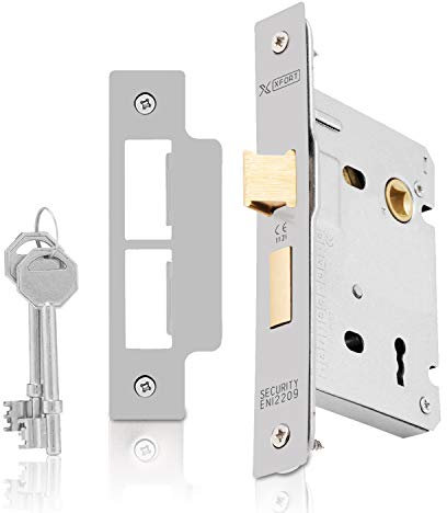 XFORT® 3 Lever Satin Chrome Mortice Sashlock 75mm, Door Lock with Key for Internal and External Doors, Door Latch Mechanism and Key Locking Door Security, CE Approved and Fire Rated Protection.