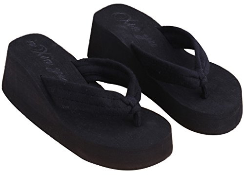 zkm été Doux Femmes Sandales compensées String Tongs Plate-Forme Pantoufles Plage Noir