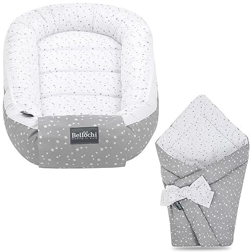 Bellochi Set 2in1 Babynest und Einschlagdecke, Baby Nestchen Set, Babynestchen - Erstausstattung Babynestchen Neugeborene, Junge - mädchen 100% Baumwolle - Polaris