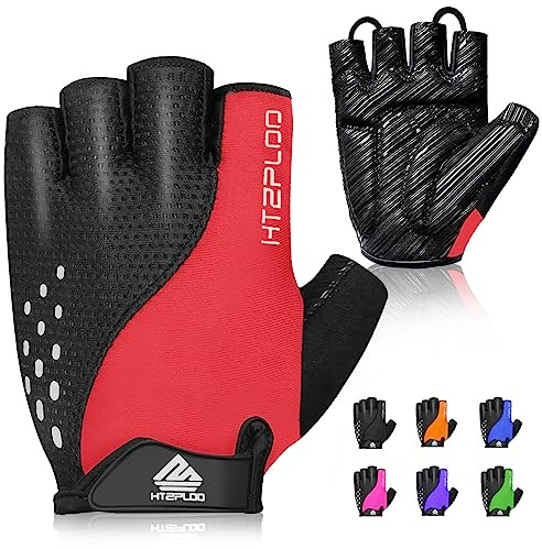 HTZPLOO Bike Gloves - Cycling Gloves for Men & Women with Anti-Slip Pad, Light Weight, Nice Fit, Half Finger (Red, Large)