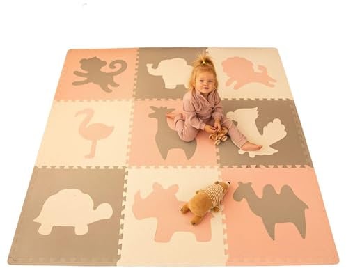 Stylische Puzzlematte Baby 180 x 180 cm Afrika, 9 XXL-Platten à 60x60cm – 20% dickere, weichere Puzzlematte für Kinder – schadstofffreie, geruchlose, Pflegeleichte Baby Krabbelmatte, Puzzlematte Boden