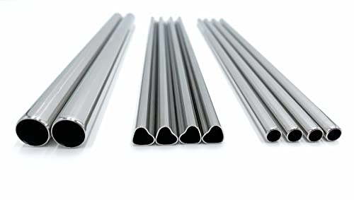 Dinora® Edelstahl Strohhalme - 13er Set - 4x runde ø6mm - 4x herzförmige ø8mm - 2 runde ø12mm - 2x Reinigungsbürsten - Samtbeutel - LFGB Laborgeprüft - Wiederverwendbar - Umweltfreundlich (Silber)