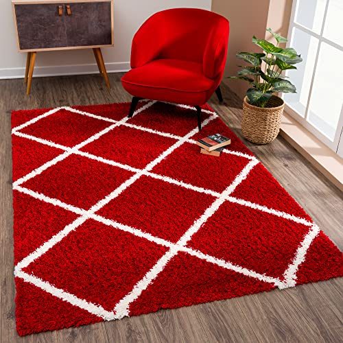 SANAT Madrid Shaggy Teppich - Hochflor Teppiche für Wohnzimmer, Schlafzimmer, Küche - Rot, Größe: 140x200 cm
